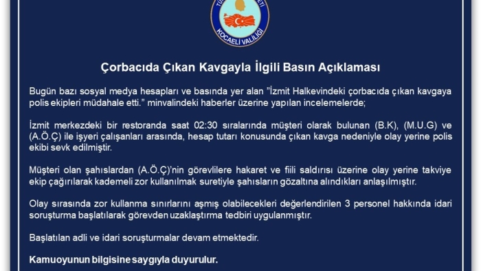 Çorbacıda hesap kavgası: 3 polis hakkında idari soruşturma